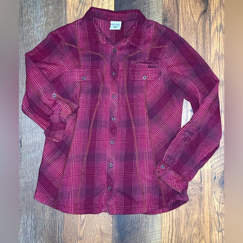 **COLUMBIA** Burgundy, Plaid-like, Western-style Blouse, Medium